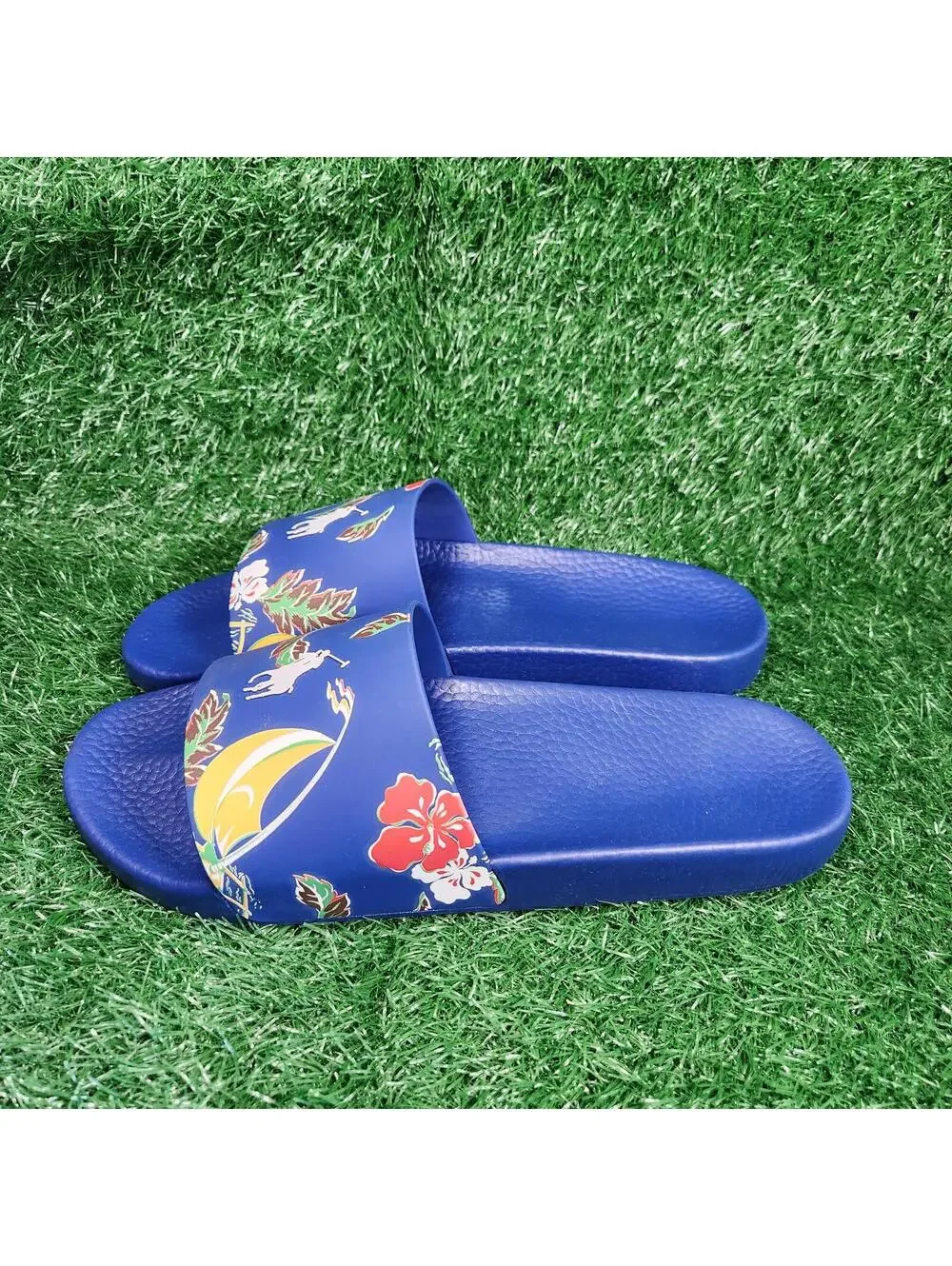 New Polo Ralph Lauren Men's Slide Sandals Size 14 Blue Tropical Floral Casual